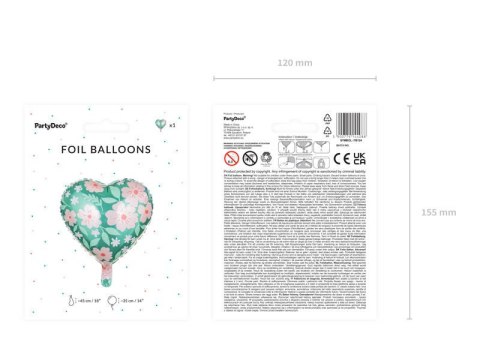 Balon foliowy Serce zielone w kwiaty 45cm Partydeco Balon foliowy Serce zielone w kwiaty 45cm Partydeco
