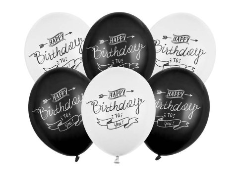 Balony urodzinowe, Happy Birthday czarno białe 30cm, 6 szt. Partydeco Balony urodzinowe, Happy Birthday czarno białe 30cm, 6 szt. Partydeco