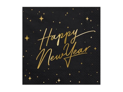Serwetki Happy New Year, czarne, 33cm, 20 szt. Partydeco Serwetki Happy New Year, czarne, 33cm, 20 szt. Partydeco
