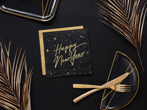 Serwetki Happy New Year, czarne, 33cm, 20 szt. Partydeco Serwetki Happy New Year, czarne, 33cm, 20 szt. Partydeco