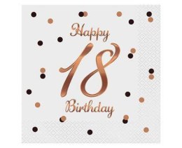 Serwetki urodzinowe Happy 18 Birthday białe, rose gold 33cm, 20 szt. Godan