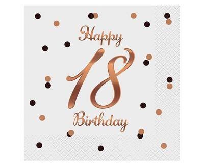 Serwetki urodzinowe Happy 18 Birthday białe, rose gold 33cm, 20 szt. Godan Serwetki urodzinowe Happy 18 Birthday białe, rose gold 33cm, 20 szt. Godan