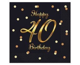 Serwetki urodzinowe Happy 40 Birthday czarne, 33 cm 20 sztuk Godan