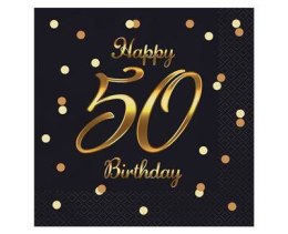Serwetki urodzinowe Happy 50 Birthday czarne, 33 cm 20 sztuk Godan