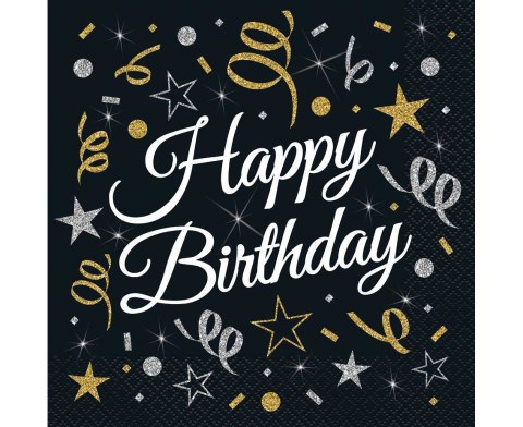 Serwetki urodzinowe Happy Birthday czarne, 33 cm 20 sztuk Godan Serwetki urodzinowe Happy Birthday czarne, 33 cm 20 sztuk Godan