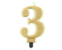 Świeczka cyferka 3, metalik złota, 8 cm Godan