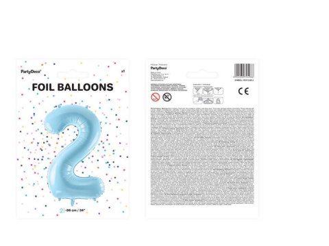 Balon foliowy Cyfra 2, 86cm, jasny niebieski Partydeco Balon foliowy Cyfra 2, 86cm, jasny niebieski Partydeco