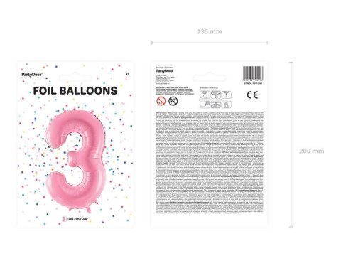 Balon foliowy Cyfra 3, 86cm, różowy Partydeco Balon foliowy Cyfra 3, 86cm, różowy Partydeco