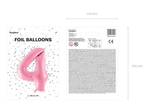 Balon foliowy Cyfra 4, 86cm, różowy Partydeco Balon foliowy Cyfra 4, 86cm, różowy Partydeco