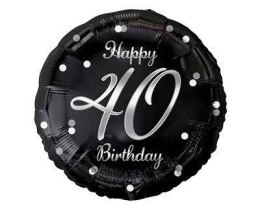 Balon foliowy Happy 40 Birthday, czarny srebrny nadruk, 46 cm Godan
