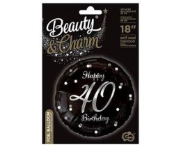 Balon foliowy Happy 40 Birthday, czarny srebrny nadruk, 46 cm Godan