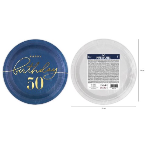 Talerzyk papierowy Happy Birthday 50, granatowy 18cm 6szt. PartyPal Talerzyk papierowy Happy Birthday 50, granatowy 18cm 6szt. PartyPal