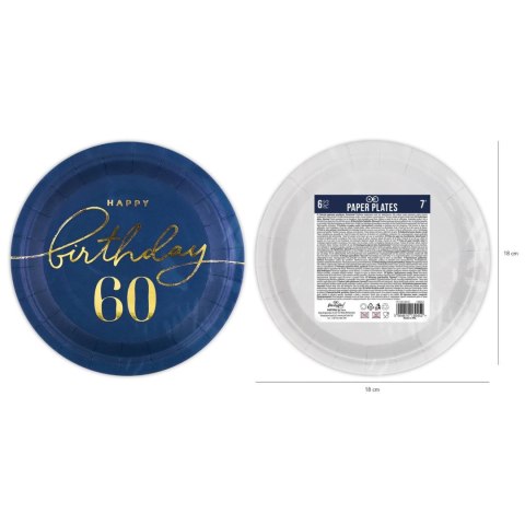 Talerzyk papierowy Happy Birthday 60, granatowy 18cm 6szt. PartyPal Talerzyk papierowy Happy Birthday 60, granatowy 18cm 6szt. PartyPal