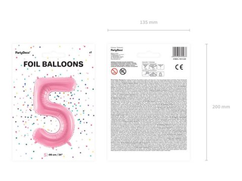 Balon foliowy Cyfra 5, 86cm, różowy Partydeco Balon foliowy Cyfra 5, 86cm, różowy Partydeco
