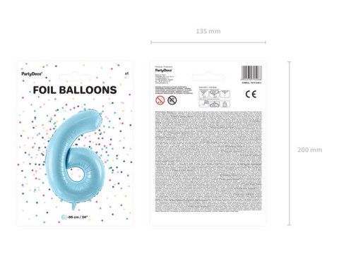 Balon foliowy Cyfra 6, 86cm, jasny niebieski Partydeco Balon foliowy Cyfra 6, 86cm, jasny niebieski Partydeco