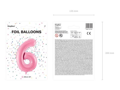 Balon foliowy Cyfra 6, 86cm, różowy Partydeco Balon foliowy Cyfra 6, 86cm, różowy Partydeco