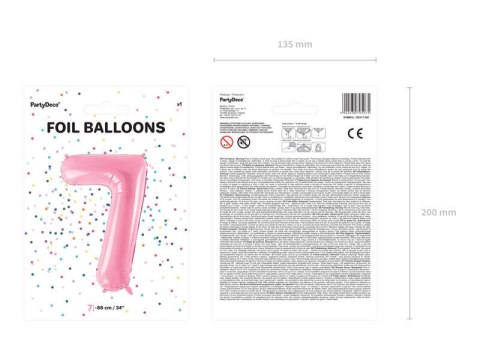 Balon foliowy Cyfra 7, 86cm, różowy Partydeco Balon foliowy Cyfra 7, 86cm, różowy Partydeco