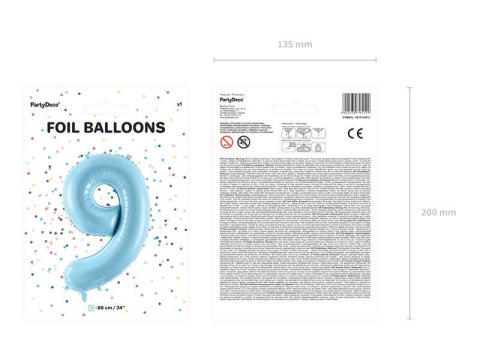 Balon foliowy Cyfra 9, 86cm, jasny niebieski Partydeco Balon foliowy Cyfra 9, 86cm, jasny niebieski Partydeco