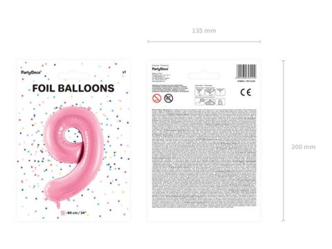 Balon foliowy Cyfra 9, 86cm, różowy Partydeco Balon foliowy Cyfra 9, 86cm, różowy Partydeco