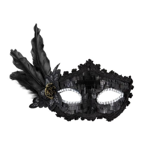 Maska karnawałowa z piórami, czarna, 22cm PartyPal Maska karnawałowa z piórami, czarna, 22cm PartyPal