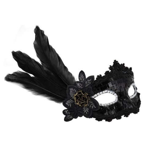 Maska karnawałowa z piórami, czarna, 22cm PartyPal Maska karnawałowa z piórami, czarna, 22cm PartyPal