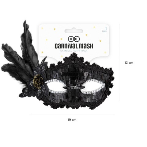 Maska karnawałowa z piórami, czarna, 22cm PartyPal Maska karnawałowa z piórami, czarna, 22cm PartyPal