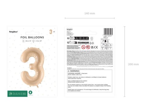 Balon foliowy Cyfra 3, 72cm, beżowa, kremowa Partydeco Balon foliowy Cyfra 3, 72cm, beżowa, kremowa Partydeco