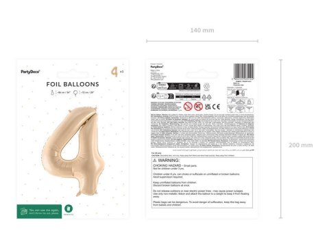 Balon foliowy Cyfra 4, 72cm, beżowa, kremowa Partydeco Balon foliowy Cyfra 4, 72cm, beżowa, kremowa Partydeco