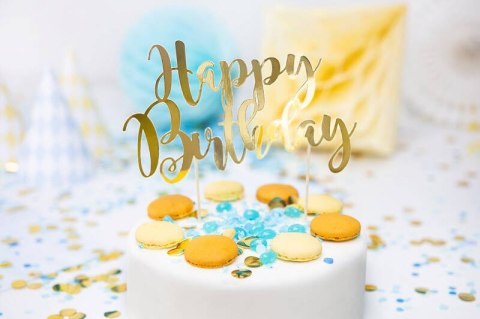 Papierowy topper na tort Happy Birthday, złoty, 22.5cm Partydeco Papierowy topper na tort Happy Birthday, złoty, 22.5cm Partydeco