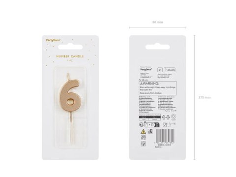 Świeczka urodzinowa Cyferka 6, złota, 5,5cm Partydeco Świeczka urodzinowa Cyferka 6, złota, 5,5cm Partydeco