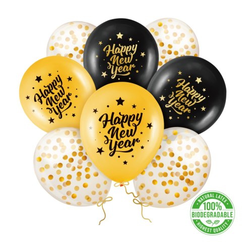 Balony biodegradowalne zestaw Happy New Year czarno-złote 8szt. PartyPal Balony biodegradowalne zestaw Happy New Year czarno-złote 8szt. PartyPal