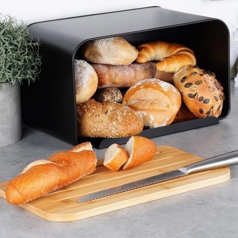 Chlebak Pojemnik z Deską Bambusową Metalowy Czarny VILDE 38 x 28,5 x 18 cm Chlebak Pojemnik z Deską Bambusową Metalowy Czarny VILDE 38 x 28,5 x 18 cm