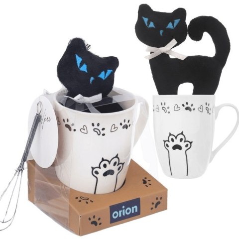 Kubek z uchem do kawy herbaty kakao ceramiczny dekor kot maskotka kotek zestaw 3 elementy Kubek z uchem do kawy herbaty kakao ceramiczny dekor kot maskotka kotek zestaw 3 elementy