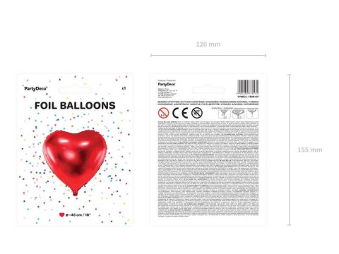 Balon foliowy Serce Czerwone, 45 cm Partydeco Balon foliowy Serce Czerwone, 45 cm Partydeco