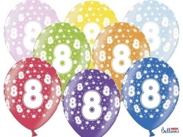 Balony lateksowe z nadrukiem '8' na urodziny, Metaliczne Mix, 30cm, 6 szt. Partydeco