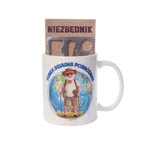 Kubek ceramiczny z napisem KUBEK DZIADKA PODRÓŻNIKA z narzędziem wielofunkcyjnym. Kubek ceramiczny z napisem KUBEK DZIADKA PODRÓŻNIKA z narzędziem wielofunkcyjnym.