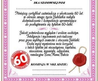 Dyplom certyfikat 60 lat Pani | D75 Dyplom certyfikat 60 lat Pani | D75